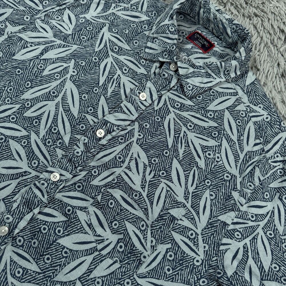 Untuckit Shirt Large Blue Button Up Linen Floral Leaf Print All Over Print Mens